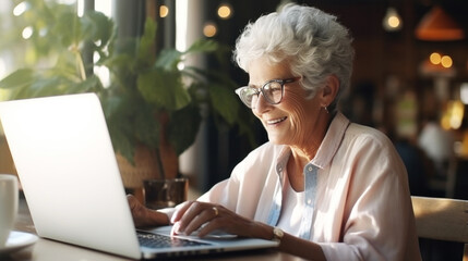 Engrossed in the digital world, this elderly lady with silver-hair and stylish glasses types at a caf?, a picture of active aging in today's connected society, modern technology for senior