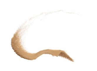 Golden grain wave explode. Abstract cloud fly. Yellow colored sand splash throwing curve circle in Air. Fine Sand flying explosion, White background Isolated throwing freeze stop motion