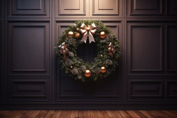 Fototapeta na wymiar Christmas wreath hanging on a wooden door AI generated illustration