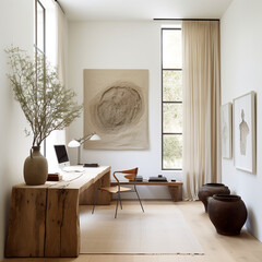 Organic modern office with plaster walls, linen drapery and oak wood desk