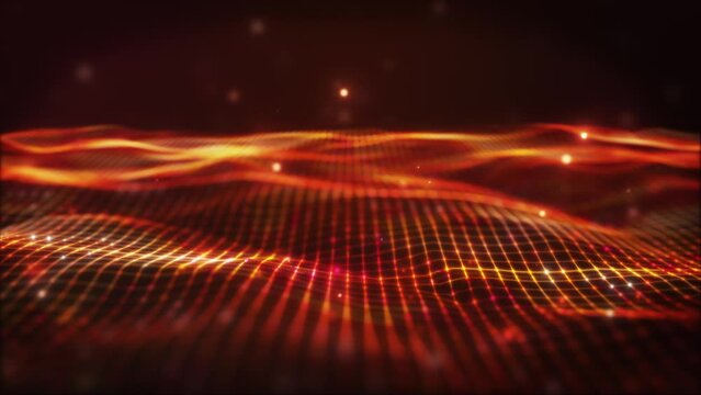 Glow red orange digital landscape with cube particle. Crypto currency, big data, block chain and digital technology concept. 3D Rendering.