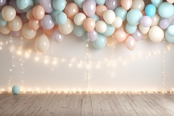 birthday background for kids, balloon garland lots of balloons with pastel, pink tones 