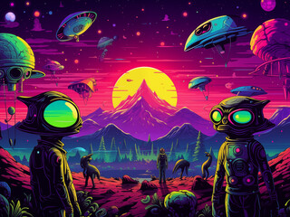 aliens with glowing eyes in a strange planet landscape