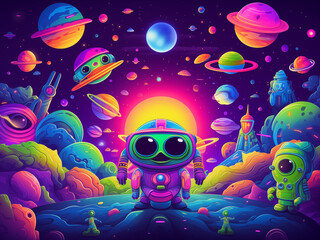 Obraz na płótnie Canvas little green alien in a colorful world with planets