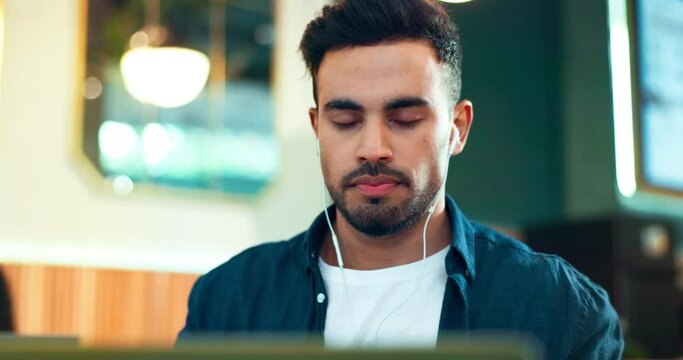 Man, headache and stress on laptop at cafe for online education, e learning and scholarship research. Young student with glasses, eye care and pain or fatigue for college exam, virtual test or exam
