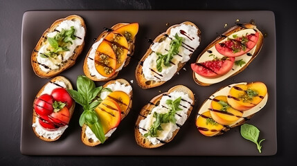 various bruschetta's on dark background, top view