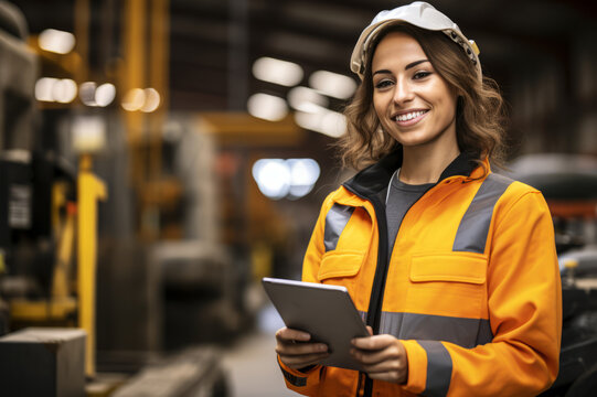 Young Caucasian engineer woman using tablet at work