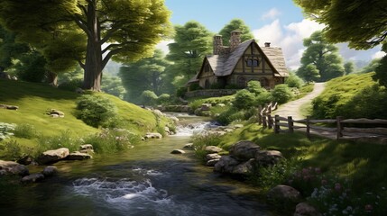 Fototapeta na wymiar rendering of a peaceful countryside cottage featuring a flowing brook and green pastures AI generated illustration