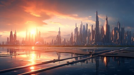 representation of a futuristic cityscape at sunrise AI generated illustration