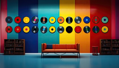backdrop of colorful room with vinyl disc recordings, digital overlay