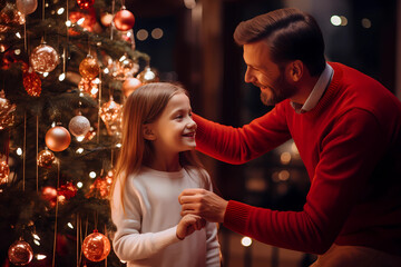 Father and daughter decorating christmas tree