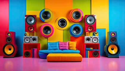 backdrop of colorful room with speakers, digital overlay