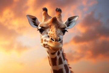 Fototapeta premium A Majestic Giraffe Against a Cloudy Vibrant Sky. A close up of a giraffe with a colourful cloudy background.