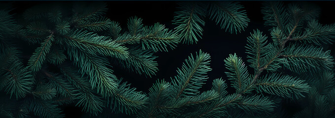 Green branches of pine trees on a black background