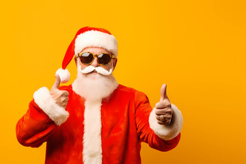 Fototapeta na wymiar Santa claus mr christmas wearing sunglasses yellow background