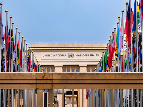 Geneva, Switzerland - November 3, 2023: United Nations Office Geneva or UNOG is located in the Palais des Nations building at Geneva city in Switzerland
