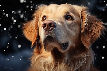 Cute golden retriever dog in snow falling sky scene. Winter Forest Landscape. Christmas Holidays. Christmas Card