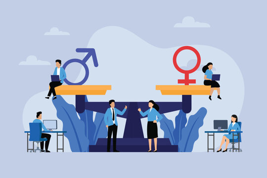 Businessman and businesswoman sitting on balancing scale working together