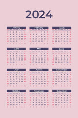 Calendar 2024 vector illustration start week from sunday, elegant pastel colour