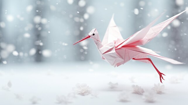 n unfolded  paper origami crane floating in a snow white isolation  AI generated illustration