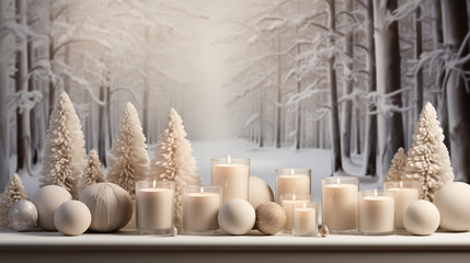 White Christmas ornaments and candles on snow forest bokeh background. Merry Christmas and Happy Holidays card. Winter season xmas theme. New Year. Noel.