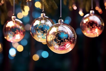 Fototapeta na wymiar Elegant glass baubles hanging on a lit Christmas tree AI generated illustration