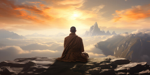 Monk in deep meditation atop a serene mountain peak