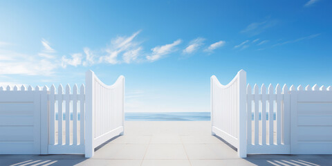 An open white gate against a backdrop of a radiant blue sky