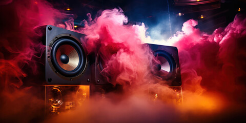 Smoke swirling around a state of the art speaker in a lively nightclub - obrazy, fototapety, plakaty