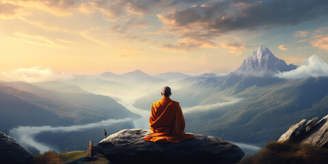 Monk in deep meditation atop a serene mountain peak - obrazy, fototapety, plakaty