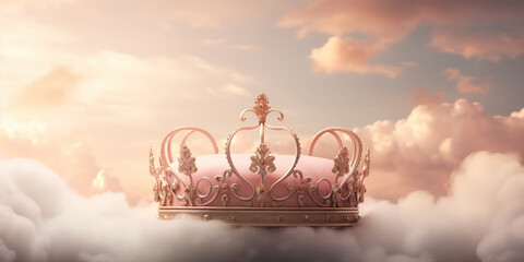 An ethereal scene of a regal crown resting atop a heavenly vista - obrazy, fototapety, plakaty