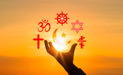 Religious symbols. Christianity cross, Islam crescent, Buddhism dharma wheel, Hinduism aum, Judaism...