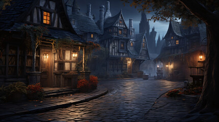 A fantasy village with a dark street with lots of buildings and lights