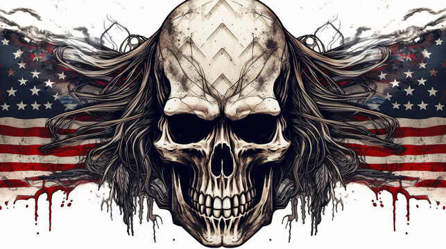 A skull with long hair and an american flag isolated on a white background