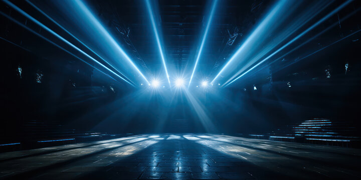 Blue beams and lights casting a vibrant glow on a stage setup