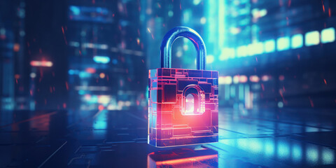 Robust security padlock displayed against a high-tech, futuristic scene