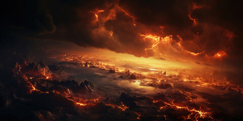 Dramatic depiction of the earth engulfed in flames and surrounded by fiery clouds