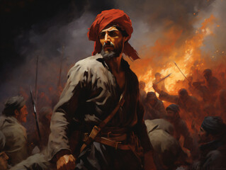 A soldier wearing a red turban standing in front of a fire