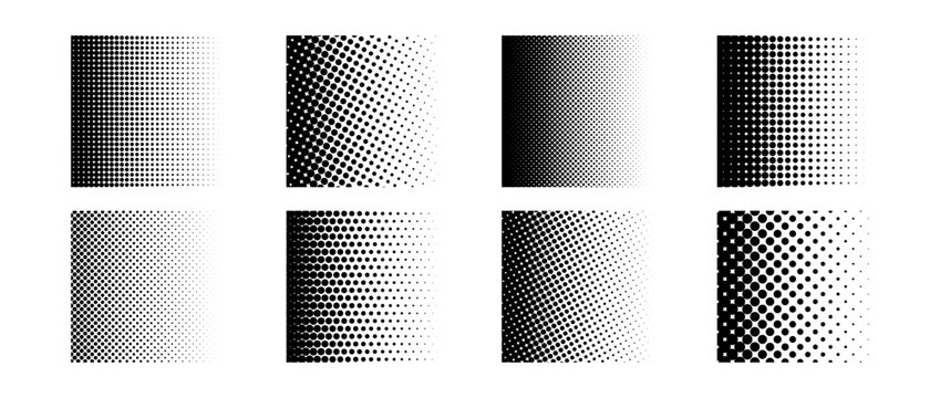 Different halftone gradient backgrounds set. Cartoon dots texture wallpaper collection. Black white comic design cover pack for banner, poster, print. Pop art dotted square illustration bundle. Vector