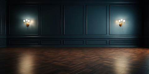 Spacious room with a rich wooden floor and somber dark walls