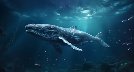 Sea mammal whale swims at night - obrazy, fototapety, plakaty