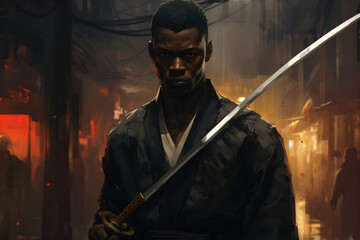 A black man samurai holding a sword in his hand - obrazy, fototapety, plakaty