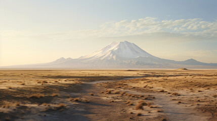 A dirt road leading to a volcano in the background