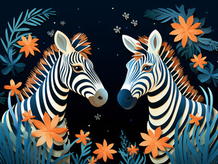 A couple of zebra standing next to each other at night flat design vector style illustration