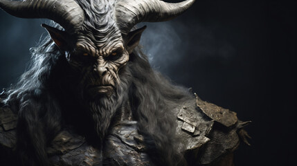 A horned humanoid monster with long hairr and beard wearing leather armor