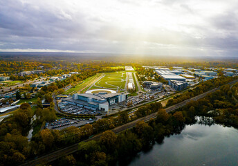 Aerial view of motor racing circuit and in Brooklands near Weybridge in Surrey, England - obrazy, fototapety, plakaty
