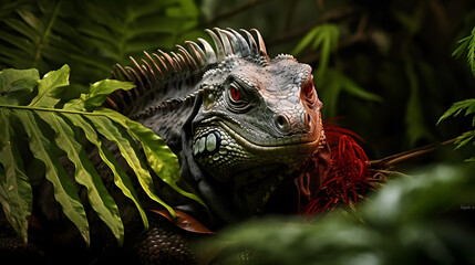 "A green iguana sits on a green leaf