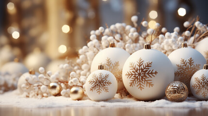 Fototapeta na wymiar White and golden Christmas ornaments on bokeh background. Merry Christmas and Happy Holidays card. Winter season xmas theme. New Year. Noel.