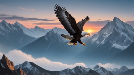 Naklejka na ściany i meble A moment when an eagle flies in the evening sky
