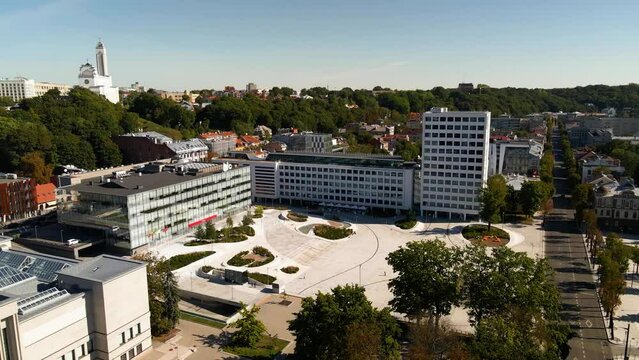 Aerial shot of the Unity Square in Kaunas, in Lithuania on a sunny summer day
